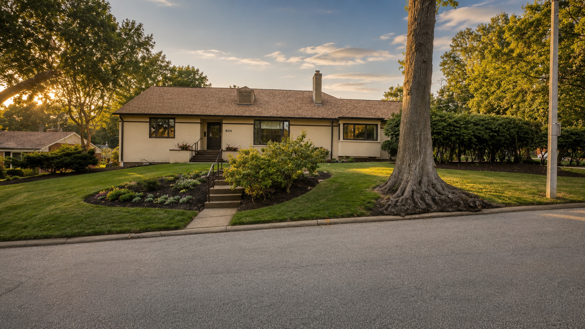 8211 Gannon Avenue front exterior at golden hour